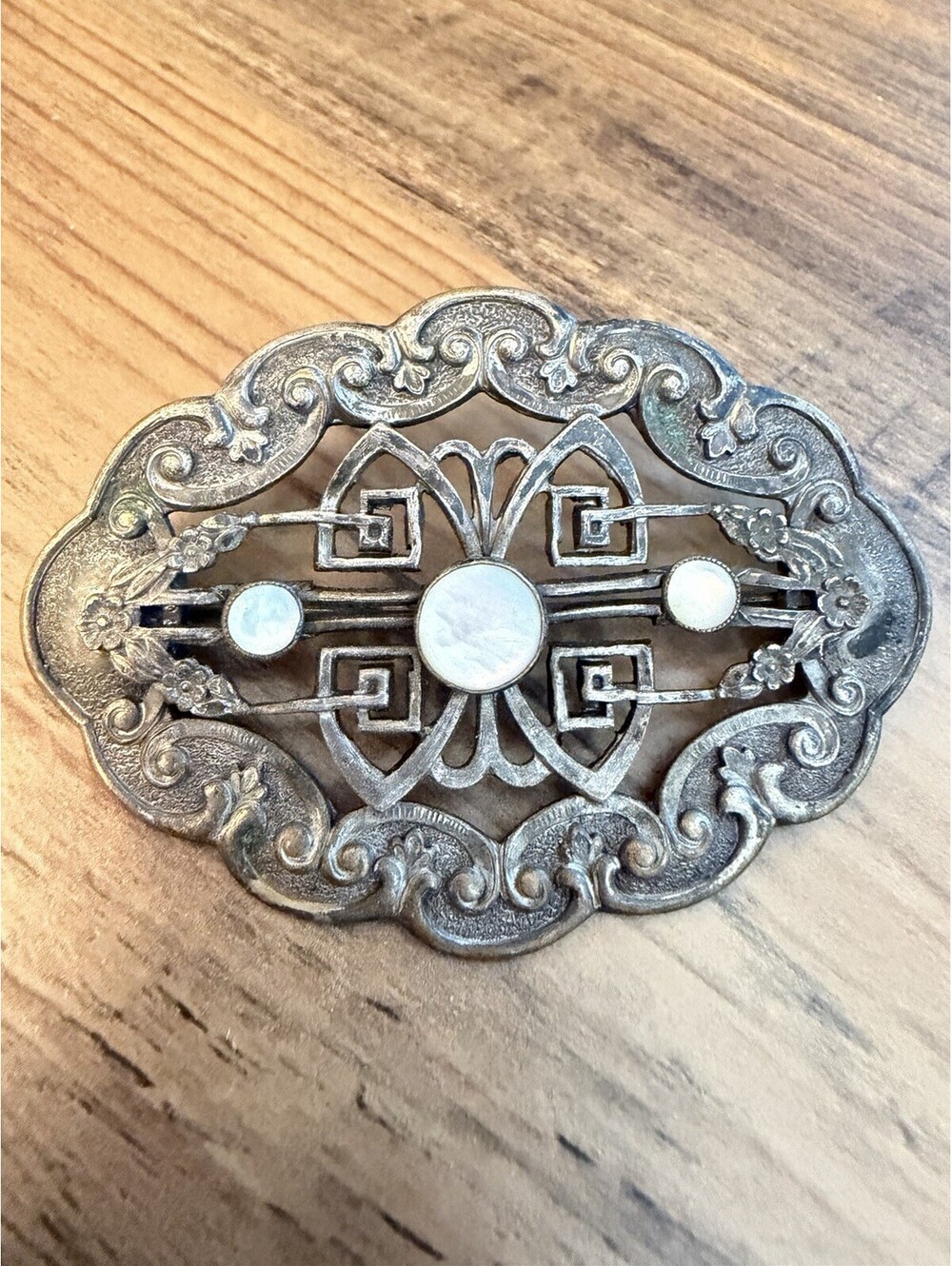 Vintage Art Deco Silver Tone Brooch Mother of Pearl Cabochon Ornate 2.75